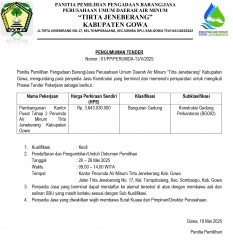 PENGUMUMAN TENDER  PEMBANGUNAN KANTOR PERUMDA AIR MINUM TIRTA JENEBERANG KABUPATEN GOWA
